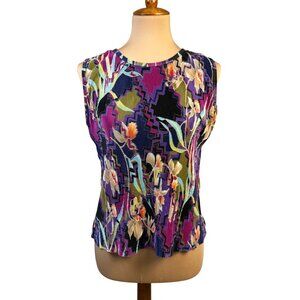 Vintage Plisse Accordion Pleat Tank Top Womens M Scoop Neck Multicolor Floral St
